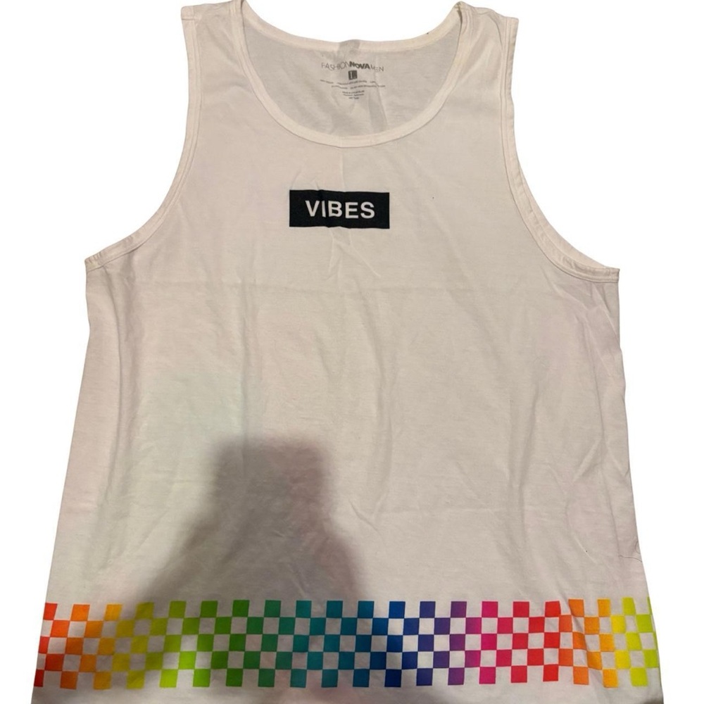 Fashion Nova White Tank Top with Colorful Checkered Design